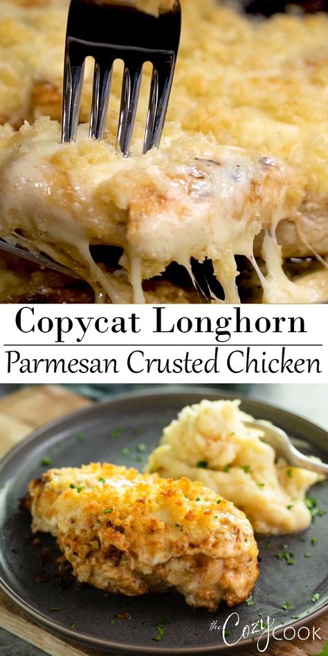 Copycat Dinner, Copycat Longhorn, Longhorn Parmesan Crusted Chicken, Crusted Chicken Recipes, Zucchini Pancakes, Parmesan Zucchini, Parmesan Crusted Chicken, Eggplant Parmesan, Parmesan Crusted