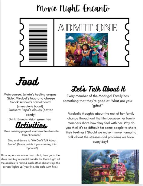 Encanto Dinner And A Movie, Encanto Movie Night Food, Encanto Movie Night, Disney Movie Themed Dinner, Monday Movie, Family Movie Night Themes, Disney Movie Night Menu, Themed Meals, Disney Themed Movie Night