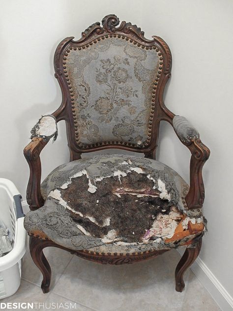 Sometimes the best way to afford a quality vintage French chair is to buy one that's tattered and transform it with reupholstery.----- #frenchcountry #frenchcountrydecor #frenchdecoratingideas #vintagechair #antiquefurniture #frenchchair #frenchfurniture #chairmakeover #chairreupholstery #designthusiasm Reupholstered Chairs Before And After, Reupholster Accent Chair Diy, Reupholster French Chair, Victorian Chairs Reupholstered, Chair Reupholstery Diy, Victorian Chair Makeover, How To Reupholster A Chair, Antique Chair Makeover, French Chairs Upholstery