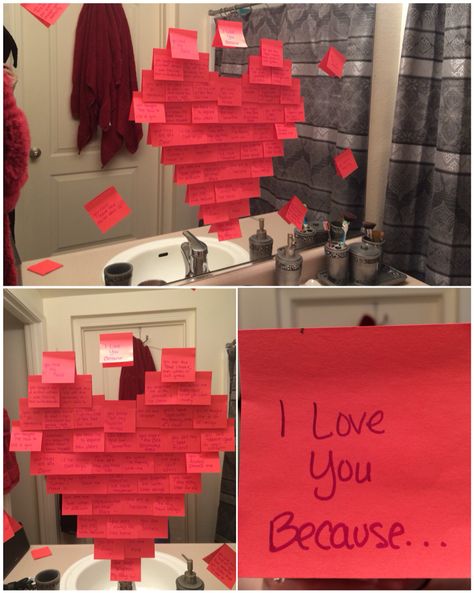 Valentine's Day mirror post-it heart with Reasons I Love You Post Its On Mirror For Boyfriend, Heart Post It Notes On Mirror, Sticky Note Heart On Mirror For Him, Valentine Asking Out, Mirror Heart Sticky Notes, Post It Heart On Mirror, Sticky Note Heart On Mirror, Heart Sticky Notes On Mirror, How To Ask Someone To Be Your Valentine