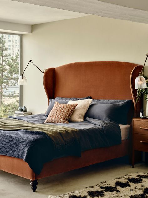 Soho Home Bed, Velvet Upholstered Headboard, Rust Headboard Bedroom, Rust Headboard, Orange Velvet Bed, Soho House Bedroom, Rust Bed, Headboard Frame, Soho House Barcelona