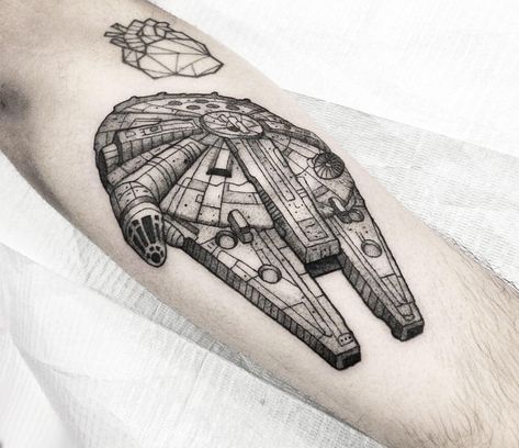 Millennium Falcon tattoo by Arthur Coury | Photo 26251 X Wing Tattoo, Millenium Falcon Tattoo, Millennium Falcon Tattoo, Sextant Tattoo, Small Wing Tattoos, Stammestattoo Designs, Falcon Tattoo, Phoenix Tattoo Design, Omerta Tattoo