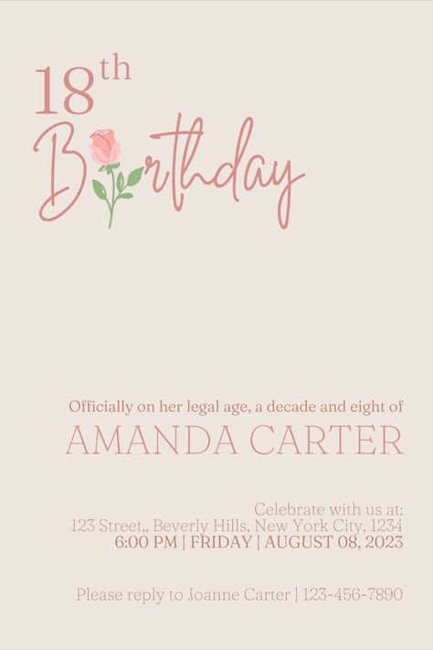 Create, print, and enjoy this minimalist invitation for your 18th birthday. Invite the people you love with this classy and clean invitation. Download the invitation, enter your own party information in the text fields, and print at home or at a nearby print shop. Both you and your visitors will like how classy and clean the design is, and you'll appreciate how convenient it is to create a unique invitation. Place your order today and get ready to party in this style!⁣ Visit our shop now! Eighteenth Birthday Invitation, Invitation Card Design For 18th Birthday, 15 Birthday Invitations Ideas, 18th Birthday Party Invitations Ideas, 18th Bday Invitation Card, Coquette Party Invitation, 18th Birthday Invitation Card Ideas, Invitation Birthday 18th, 18th Birthday Invitation Ideas