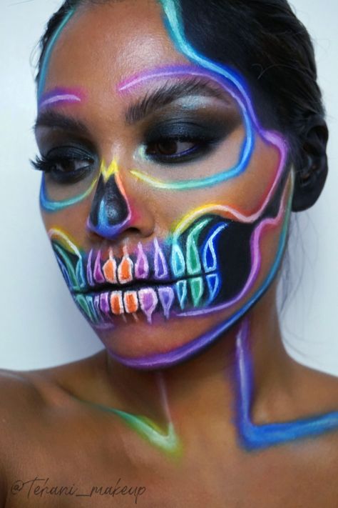 Neon Skeleton Face Paint, Colourful Skull Makeup, Skeleton Makeup Colorful, Glow In The Dark Skeleton Makeup, Skull Makeup Colorful, Colorful Skeleton Makeup, Rainbow Skeleton Makeup, Neon Skeleton Makeup, Neon Halloween Makeup