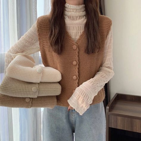 Knitted Vintage Cardigan Sweater Vest | Korean Fashion | Cottagecore | Easy to Combine | Fairycore Sweather Vest, Dark Academia Librarian, Literary Aesthetic, Brown Academia, Vest Styling, Clothes Lookbook, Academia Looks, Academic Style, Office Wears