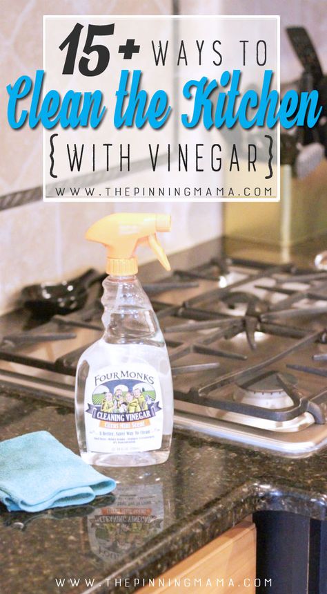 Great list of ways to clean the kitchen with vinegar! Vinegar helps break down mold, mildew, and hard water stains so it makes a great natural cleaner for the Kitchen! Cleaning With Vinegar, Cleaning Bathrooms, Cleaning Bathroom, Clean Kitchen Cabinets, Vinegar Uses, Glass Cooktop, Vinegar Cleaning, Deep Cleaning Tips, Bathroom Cleaning Hacks