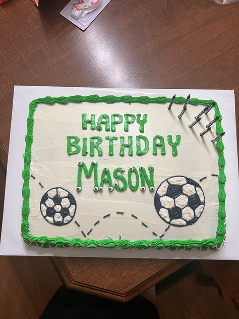 Super easy idea foe a soccer themed birthday cake. Soccer Sheet Cake Ideas, Easy Soccer Birthday Cake, Soccer Birthday Party Cake, Simple Soccer Cake, Soccer Themed Birthday Cake, Soccer Sheet Cake, Soccer Cake Ideas For Boys, Boys Soccer Birthday Party, Soccer Themed Cake