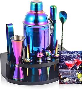 Amazon.com: Safring Bartender Kit with Stand, 12-Piece Bar Set | 24oz Cocktail Shaker Set for Drink Mixing, Martini Shaker Set with Bar Tools, Recipes Booklet | Fun Housewarming Gift (Rainbow): Home & Kitchen Rainbow Cocktail, Bartender Kit, Martini Shaker, Ice Tongs, Cocktail Shaker Set, Bar Spoon, Best Housewarming Gifts, Cocktail Mixers, Cocktail Shakers