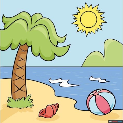 Learn How to Draw Cartoon Beach: Easy Step-by-Step Drawing Tutorial for Kids and Beginners. See the full tutorial at https://easydrawingguides.com/how-to-draw-a-cartoon-beach/ . Step By Step Drawing For Kindergarten, Beach Cartoon Drawing, How To Draw A Beach, Beach Drawing For Kids, Summer Drawing For Kids, Thumbprint Painting, Beach Drawing Easy, Summer Drawings Easy, Beach Drawing Ideas