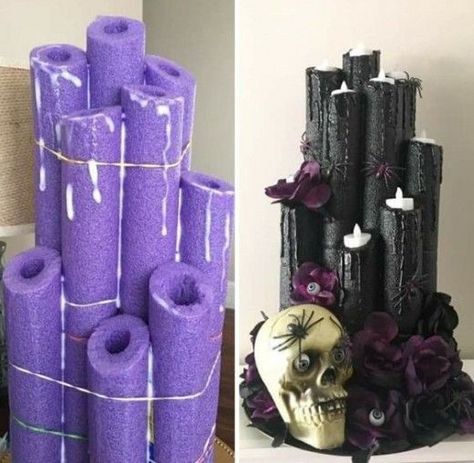 Pool Noodle Candles Pumpkins Made From Pool Noodles, Pool Noodles Candles, Diy Pool Noodle Candles, Diy Pool Noodle Halloween Decor, Pool Noodle Candles Halloween, Halloween Themed Wedding Ideas, Pool Noodle Halloween Decor, Pool Noodle Halloween Candles, Pool Noodle Ideas