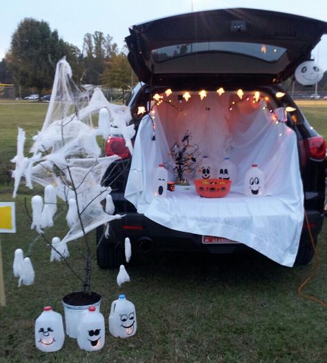 Family Friendly Trunk Or Treat Ideas, Ghost Themed Trunk Or Treat, Trunk Or Treat Ghost Theme, Small Car Trunk Or Treat, Trunk Or Treat Ideas For Cars For School, Vampire Trunk Or Treat Ideas, Trunk Or Treat Ideas For Suv Easy, Easy Trunk Or Treat Ideas Minivan, Dollar Tree Trunk Or Treat Ideas