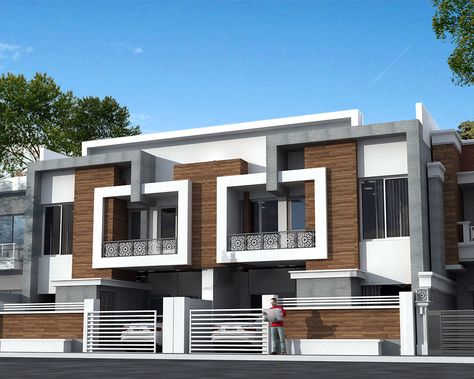 Flat House Design, Indian House Exterior Design, Row House Design, Small House Design Architecture, Twin House, House Architecture Styles, House Roof Design, House Balcony Design, Duplex Design