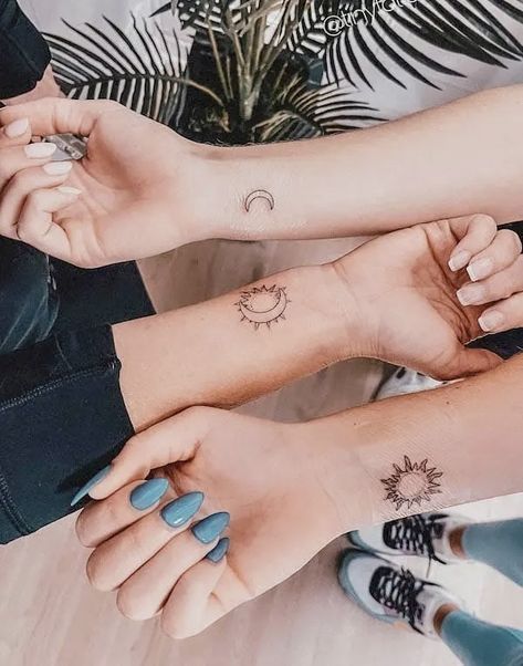 Tattoos For Three, Hanger Tattoo, Star Tattoo On Wrist, Sun And Moon Tattoos, Cute Best Friend Tattoos, Moon Star Tattoo, Moon Sun Tattoo, Matching Friend Tattoos, Our Mindful Life