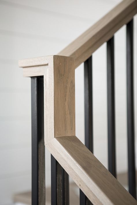 Stair Rift White Oak handrail with a custom stain - mimic this  metal spindles with dark stain wood?? Staircase Railing Ideas Iron, Stairs Handrail Ideas, Square Handrail, Duplex Home Design, Handrails For Stairs, Metal Stair Railing, Oak Handrail, Interior Stair Railing, Staircase Railing Design