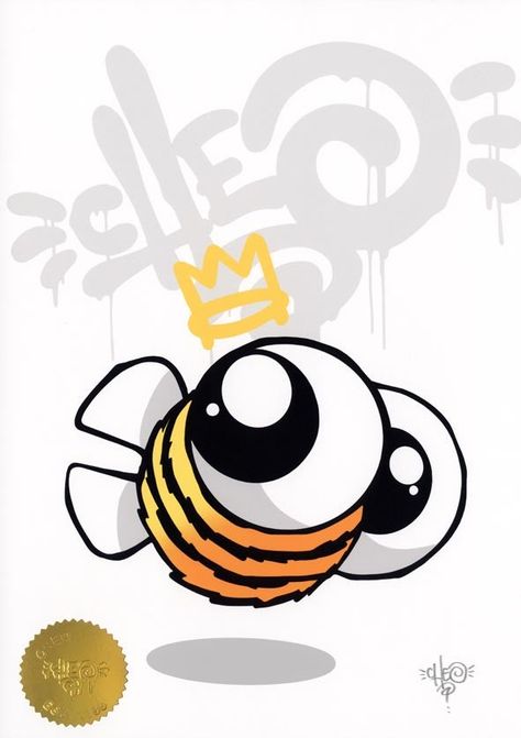 A Digital Giclee PrintFeaturing Cheo's trademark Bumble Bee characterIncludes a gold emboss stamp and signed by CheoSize of each print is 21cm wide x 30cm highPrinted onto 240gs... Bee Graffiti, Cartoon Bees, Bee Character, Acab Tattoo, Bee Cartoon, Graffiti Alphabet Styles, Street Art Canvas, Sick Drawings, Graffiti Cartoon