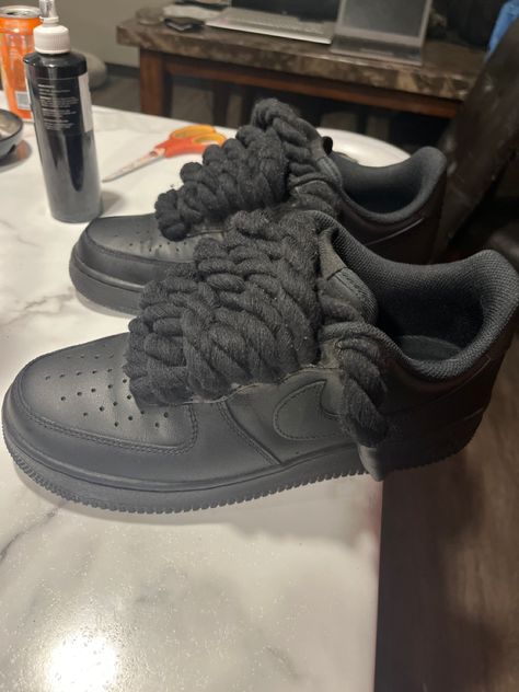 #ropelaces #airforce1 #bnkrollbizzle #moneyjunkie Air Forces With Rope Laces, Painting Shoes, Air Forces, Shoes Design, Swag Shoes, Painted Shoes, Black Laces, Designer Shoes, Air Force