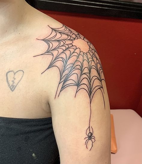 Spiderweb Tattoo With Spider, Spiderweb Tattoo Women, Spiderweb Tattoo Sternum, Spiderweb Tattoo On Knee, Shoulder Spiderweb Tattoo, Spiderweb Tattoo On Shoulder, Y2k Forearm Tattoos, Spiderweb Collarbone Tattoo, Upper Arm Tattoo Ideas Female