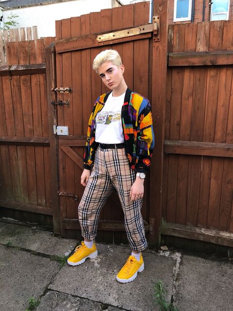 Vintage Burberry nova check trousers, supreme tee, fila disruptor trainers🌈 colourful streetwear outfit Colourful Streetwear, Colorful Streetwear, Check Trousers, Fila Disruptor, Fila Disruptors, Checked Trousers, Vintage Burberry, Streetwear Outfit, Burberry