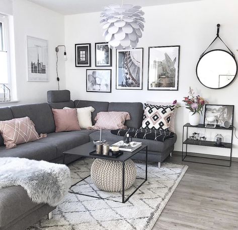 grey and pink living room Grey Living Room Sets, Small Modern Living Room, Grey Couches, Pink Living Room, Design Salon, Neutral Living Room, Living Room Decor Apartment, Living Room Grey, A Living Room