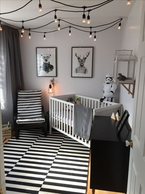 Monochromatic nurserybaby boyikea hackstormtrooper Black White And Gray Nursery, Black And White Boy Nursery, Nursery Ideas Black And White, Nursery String Lights, Monochrome Nursery Girl, Monochromatic Nursery, Monochrome Baby Room, Black Nursery Ideas, Baby Room Boy