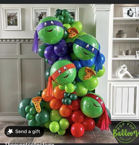 Tmnt Balloons, Ninja Turtle Balloons, Ninja Turtle Decorations, Balloon Hacks, Ninja Theme, Colorful Turtle, Balloon Clusters, Balloon Chain, Turtle Birthday