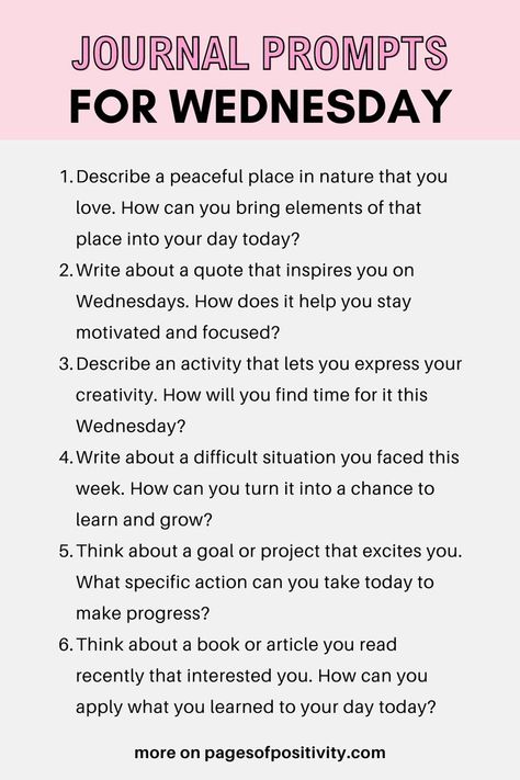 a pin that says in a large font Journal Prompts for Wednesday My Diary Ideas Writing, Wednesday Journal, Wednesday Writing, Writing Prompts Journal, Weekly Writing Prompts, Journal Prompts For Beginners, Journal Prompts For Adults, Creative Writing Exercises, Journal Topics