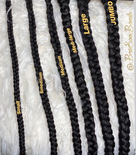 Different Box Braid Sizes, Different Braid Sizes, Braid Sizes Chart, Different Type Of Braids For Black Women, Different Size Braids, Smedium Braid Chart, Box Braid Length Chart, Box Braids Types, Knotless Braids Sizes