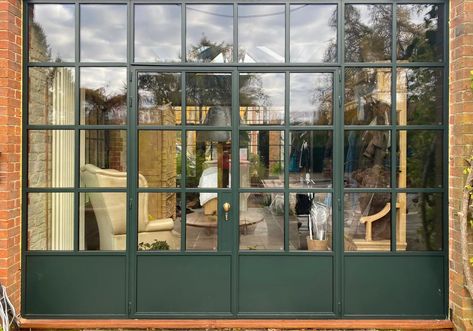 French Steel Doors, Steel Framed Windows, Green Crittal Doors, Steel Frame Door, Green House Door, Green French Doors, Green Window Frames, French Doors With Side Windows, Crittal Door