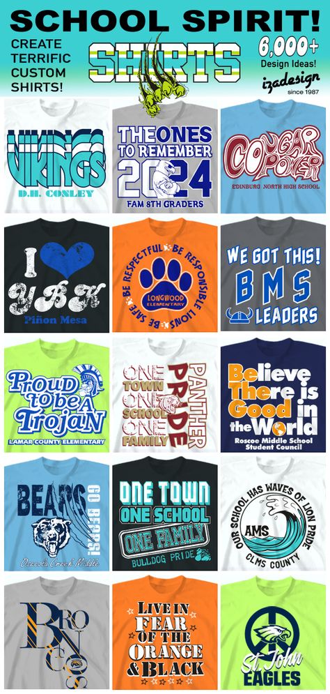 School spirit shirts and school spirit wear.  Choose from thousands of designs.  Customize with your school logo, school mascot, school colors, school name and student names.  IZA Design - providing schools with custom shirts since 1987!  We've got the best designs, period!!!  #schoolspiritshirts  #schoolspirit  #spiritshirts High School Tee Shirt Designs, Middle School Spirit Shirts, School Shirt Ideas Elementary, School Logo Shirt Ideas, Elementary School Shirts Spirit Wear, Middle School Spirit Wear, School Athletic Shirts, Spirit Wear Designs Elementary, School T Shirts Ideas