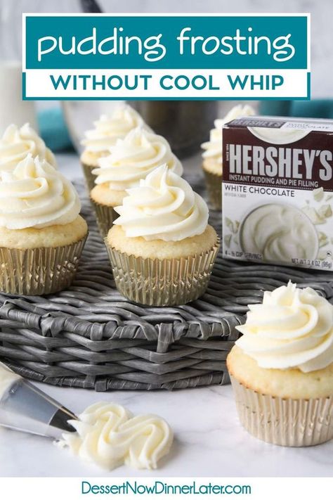 Pudding Frosting is easy to make without Cool Whip or whipped cream. All you need is butter, instant pudding mix, milk, powdered sugar and vanilla. Try this white chocolate pudding buttercream frosting or switch it up with any flavor of instant pudding mix. Pudding Mix Frosting, Frosting With Pudding, Pudding Buttercream Frosting, Pudding And Cool Whip Dessert, Pudding Icing, White Chocolate Pudding, Pudding Frosting, Cool Whip Desserts, Instant Pudding Mix