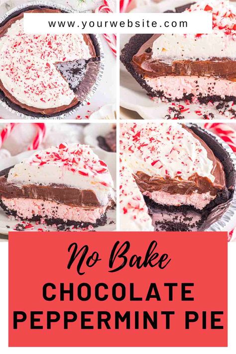 This no bake Chocolate Peppermint Pie (also called Candy Cane Pie) will become a staple at your house! It's layered with fluffy, peppermint cream cheese, chocolate pudding and whipped cream, all on top of a chocolate crust! It's amazing for a holiday dessert, but it can truly be enjoyed ANY time of year! This is a great Christmas pie recipe is a festive holiday dessert. It is made with pudding making it a no bake pudding pie and holiday pudding dessert. Peppermint Pie No Bake Easy, Chocolate Peppermint Pie No Bake, Chocolate Peppermint Pudding Pie, Peppermint Oreo Icebox Cake, Easy Pie For Christmas, Peppermint Pie Recipe Holidays, Peppermint Pudding Pie, Oreo Peppermint Pie, No Bake Peppermint Pie