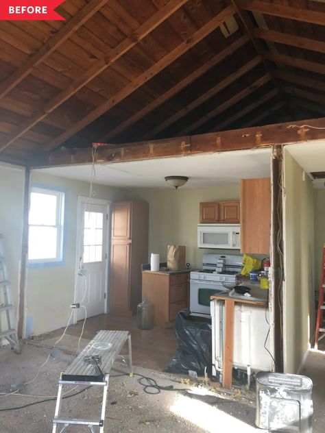 Bungalow Vaulted Ceiling, Before And After Vaulted Ceiling, Beach House Renovation Before And After, Bungalow Basement Remodel, Vaulted Ceiling Before And After, Bungalow Basement Ideas, Bungalow Renovation Before And After, Garage Cottage, Tiny Bungalow