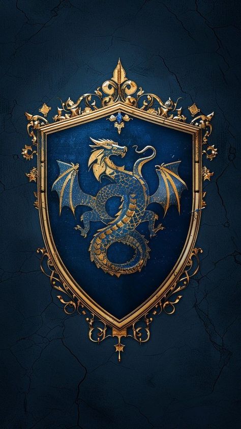 Knight Aesthetic Blue, Coat Of Arms Dragon, Gold Knight Aesthetic, Blue And Gold Dragon, Animal Knight, Fantasy Emblem, Dragon Heraldry, Dnd Wallpaper, Knight Crest