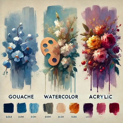 Side-by-side comparison of floral artwork using gouache, watercolor, and acrylic, showcasing differences in color and texture. Gouche Painting Vs Acrylic, Gouache Vs Watercolor, Gouache Painting Techniques, Ian Roberts, Master Watercolor, Paint Types, Texture Color, Gouache Painting, Painting Tips