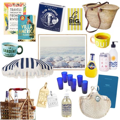 Moodboard inspired by the south of france. French riviera gift inspo, gift ideas for francophiles. Packing list for the cote d’azur. French riviera style. The great gatsby, st tropez, travels on the french riviera. At Tropez Aesthetic, French Riviera Bachelorette, French Riviera Table Setting, South Of France Party Theme, South Of France Bachelorette, French Riviera Kitchen, French Riviera Style Home Interiors, French Riviera Home Decor, St Tropez Bachelorette