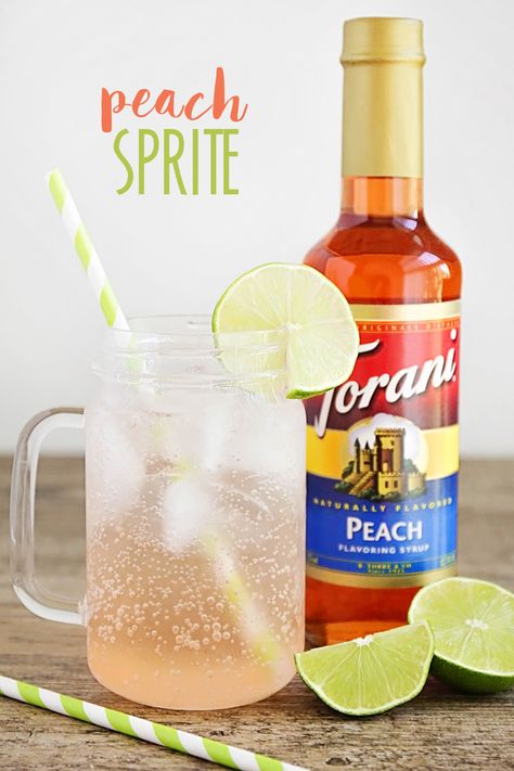 This delicious and simple peach Sprite is the perfect cold drink for a hot day! Drinks With Sprite, Dirty Diet Coke, Sprite Recipe, Torani Syrup Recipes, Cold Drinks Recipes, Torani Syrup, Clue Party, Homemade Soda, Lemon-lime Soda