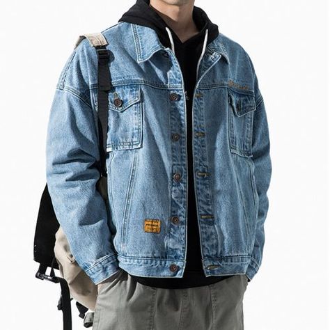 Cargo Coat, Dark Blue Denim Jacket, Loose Overalls, Retro Jeans, Mens Jackets Casual, Denim Pocket, Blue Jean Jacket, Japanese Streetwear, Japanese Denim