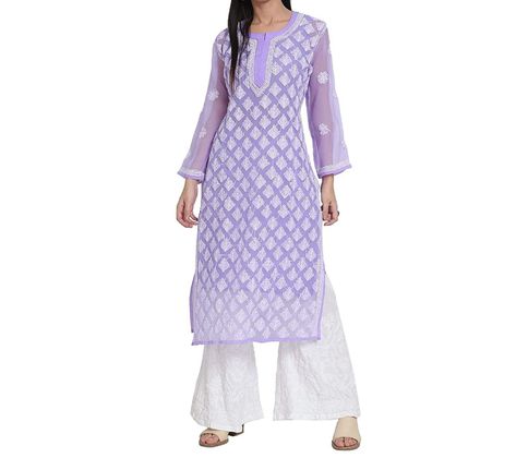 Lavender Chickenkari Kurti, Purple Kurti Combination, Purple Chikankari Kurta, Long Kurti Patterns, White Sharara, Biology Drawing, Kurta Pattern, Chikan Embroidery, Lucknowi Kurta