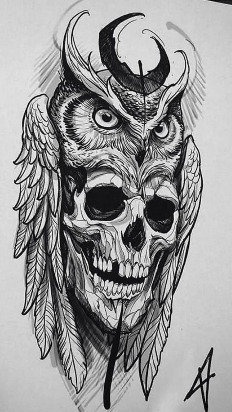 Owl And Skull Tattoo, Tato Joker, Owl Skull Tattoos, Owl Tattoo Drawings, Tier Tattoo, Kunst Tattoos, Owl Tattoo Design, Skull Art Drawing, Skulls Drawing