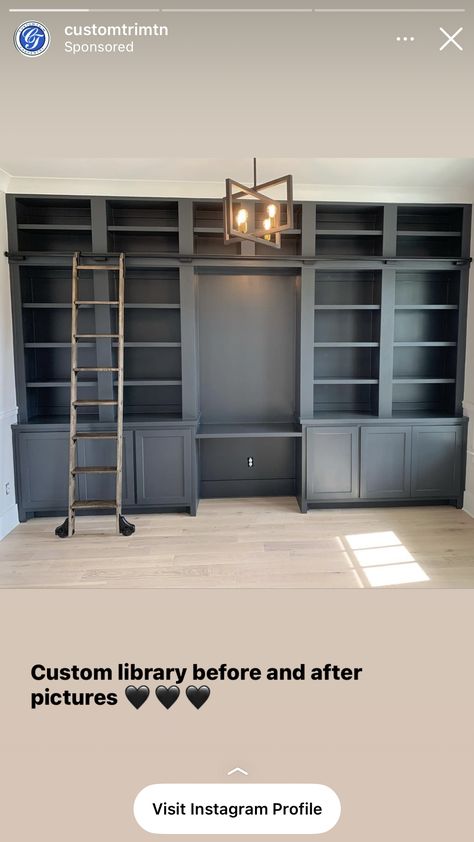 Office Built Ins With Ladder, Home Library Office Bookcase Wall, Floor To Ceiling Bookshelves With Desk, Built In Desk And Shelves Living Room, Dark Built In Bookshelves, Den Office Combo, Built In Bookshelves With Desk, Restoration Hardware Bookshelf, Office And Library Combo