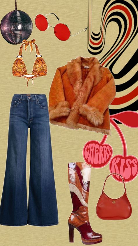 #aesthetic #groovy #70s #disco #outfit #outfitinspo #cherry 70s New Years Eve Outfit, Disco Aesthetic Outfit, 70s Disco Aesthetic, Disco Inspired Outfits, Hippie Outfits Aesthetic, 70s Disco Party Outfit, 60s Disco, 70s Disco Outfit, Disco Party Outfit