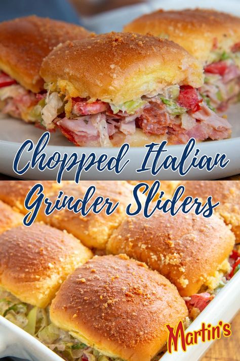 These chopped Italian grinder sliders are the perfect dish for any crowd. Chop up pepperoni, ham, salami, provolone, then top with a delicious grinder salad mixture. Serve warm with Martin’s Sweet Dinner Potato Rolls. These sliders are a hit! Ham And Pepperoni Sliders, Sausage Hawaiian Roll Sliders, Ham And Salami Sliders, Tik Tok Grinder Sliders, Italian Ham And Cheese Sliders, Grinder Salad Sliders, Italian Grinders Sliders, Italian Sausage Sliders Hawaiian Rolls, Spicy Italian Sliders