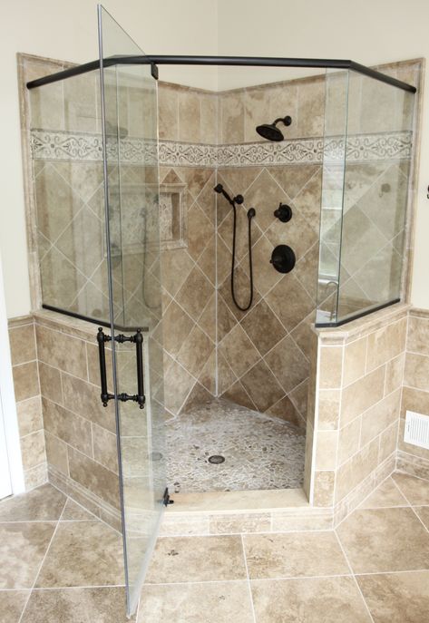 Corner shower Tile Shower With Corner Bench, Corner Shower Design Ideas, Corner Tub To Shower Conversion, Corner Shower No Door, Large Corner Shower Ideas, Corner Shower Dimensions, Walk In Shower Corner, Bathroom Corner Shower Ideas, Corner Shower Ideas For Small Bathrooms