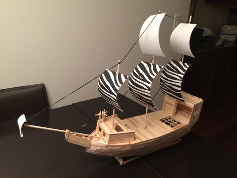 Pirate ship made out of popsicle sticks, wooden dowels and some foam! Does not float on water but the bottom half is exposed to allow figurines to play under the deck. Hours of fun for kids. Popsicle Stick Boat, Mayflower Ship, Sticks Craft, Ice Cream Stick Craft, Popsicle Stick Houses, Diy Popsicle Stick Crafts, Boat Crafts, Diy Popsicle, Popsicle Crafts