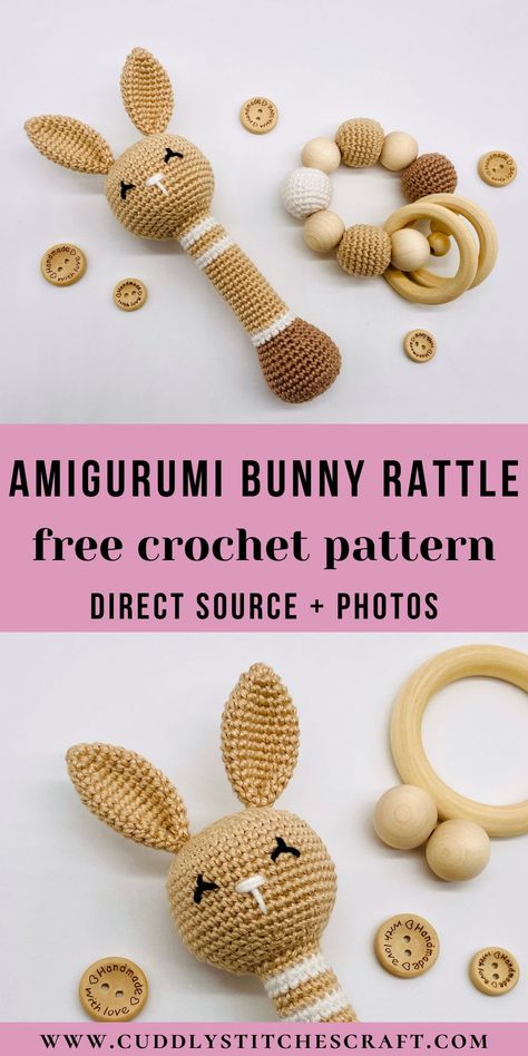 Crochet Baby Toys Free Pattern Rattle, Baby Lovely Crochet Pattern Free, Crochet Bunny Rattle Free Pattern, Wooden Ring Crochet Pattern, Crochet Wooden Teether Pattern Free, Crochet Bunny Rattle, Free Crochet Baby Toys Patterns, Crochet Rattle Free Pattern Amigurumi, Free Crochet Rattle Pattern