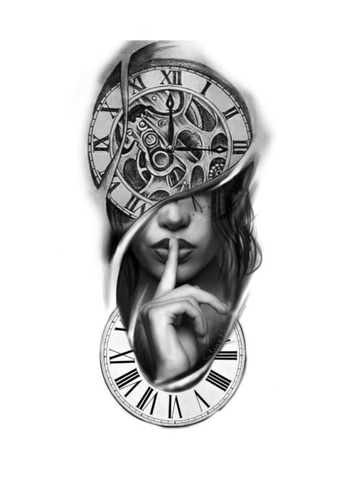 Clock Tattoo Sleeve Woman, Clock Face Tattoo Design, Realistic Clock Tattoo Design, Mechanical Clock Tattoo Design, Womans Face And Clock Tattoo Design, Clock Face Tattoo, Luna Tattoo, Bio Organic Tattoo, Big Cat Tattoo