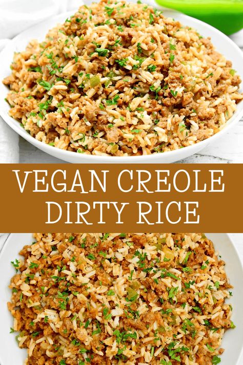 Dirty Rice ~ Bring a taste of New Orleans to the table! This Creole-style dish is packed with strong, spicy, and rich flavors of Louisiana. via @thiswifecooks Vegan Dirty Rice Recipe, Mississippi Food, Dirty Rice Recipe, Vegan Ground Beef, Buttered Vegetables, New Orleans Recipes, Dirty Rice, Creole Recipes, Vegan Sausage