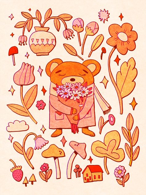 A digital drawing of items scattered across a page. In the middle is a bear character wearing a pink coat and holding a bouquet of flowers, the bear is smelling the flowers and looking content. Surrounding them are flowers and mushrooms. Bear Cute Drawing, Soft Doodles, Cozy Doodles, Jessica Elena, Flower Illustration Simple, Soft Pink Color Palette, Pink Colour Palette, Coffee Doodle, October Art