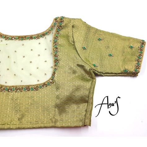 Pista Green Aari Work Blouse, Aari Blouse With Net, Simple Net Aari Work Blouse Designs, Net Cloth Aari Work Blouse, Exclusive Blouse Designs, Green Blouse Designs, Bridal Embroidery, Worked Blouse, Pink Blouse Designs