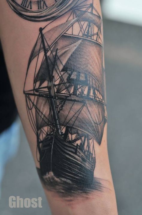 old ship tattoo by mil5 Pirate Ship Tattoos, Boat Tattoo, Old Ship, Pirate Tattoo, Rune Tattoo, Kunst Tattoos, Biomechanical Tattoo, Nautical Tattoo, Ship Tattoo